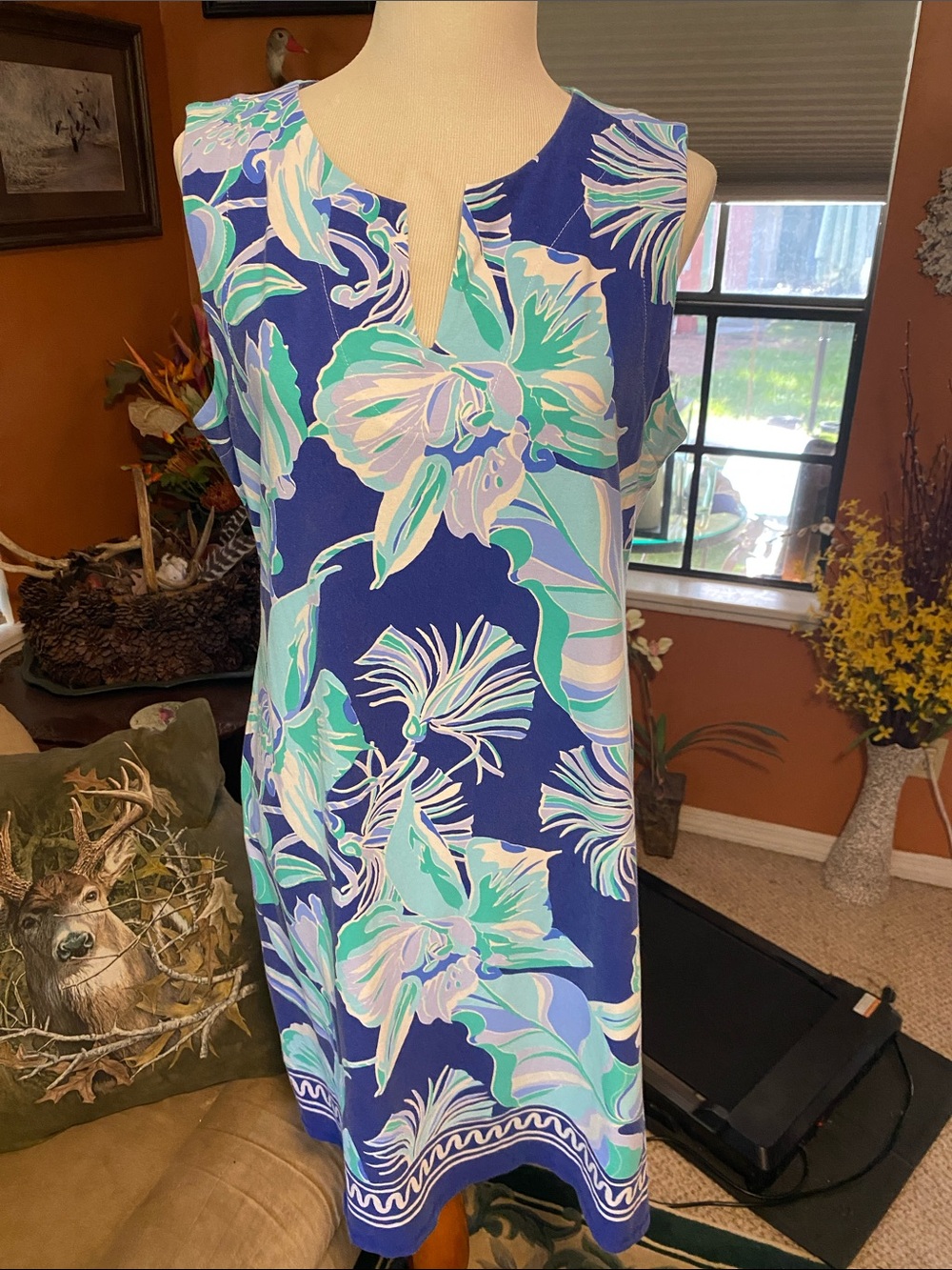 Sleeveless Floral Cotton Shift Dress - Blue & Mint